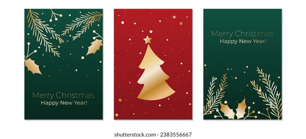 Luxury set of vector templates for Christmas and New Year holidays. Golden winter leaves, Christmas tree, snowflakes, holly. Design for postcard, corporate, congratulation, wallpaper, poster.