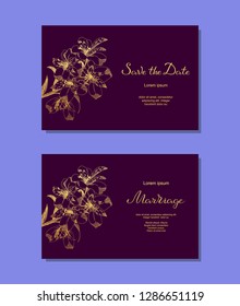 Luxury set of wedding card with lily sketch flowers, leaves. Rustic banner template. Vector floral invitation background. Hand drawn typography lettering poster, gold objects on dark purple background