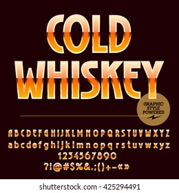 Luxury set of yellow and golden alphabet letters, numbers and punctuation symbols.Vector label with text Cold whiskey