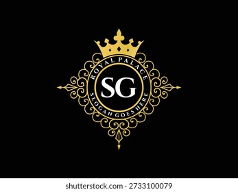 Emblema de monograma sg de luxo, coroa real, pergaminho ornamentado, crista formal, marca real, design elegante.