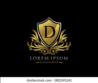 Logo des Luxury Shield D Letter. Opportunes Design des eleganten goldenen Schildes.  
