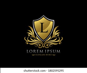 Luxury Shield L Letter Logo. Graceful Elegant gold shield icon design.  