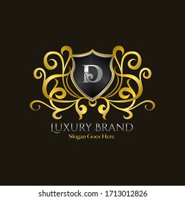 Luxury Shield Logo Letter D Golden Color Vector Design Concept Luxurious Royal Brand Identity.