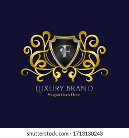 Luxury Shield Logo Letter F Golden Color Vector Design Concept Luxurious Royal Brand Identity.