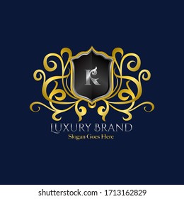Luxury Shield Logo Letter K Golden Color Vector Design Concept Luxurious Royal Brand Identity.