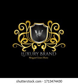 Luxury Shield Logo Letter W Golden Color Vector Design Concept Luxurious Royal Brand Identity.