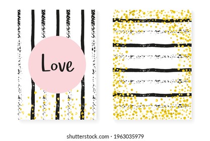 Luxury Shimmer. Stripe Gatsby Design. Golden Splatter Cover. 14 February Illustration Set. Rose Effect. White Glittery Particles. Pink Scatter Print. Stripe Luxury Shimmer