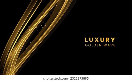 Luxury shine golden wave vector background. Sparkling gold flowing wave backdrop with glitters isolated on black background.