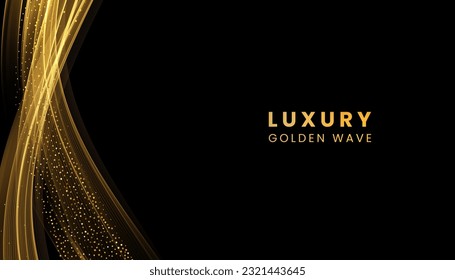 Luxury shine golden wave vector background. Sparkling gold flowing wave backdrop with glitters isolated on black background.
