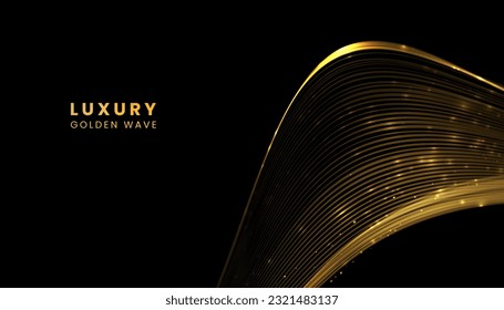 Luxury shine golden wave vector background. Sparkling gold flowing wave backdrop with glitters isolated on black background.