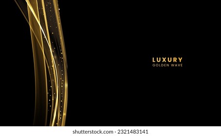 Luxury shine golden wave vector background. Sparkling gold flowing wave backdrop with glitters isolated on black background.