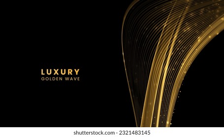 Luxury shine golden wave vector background. Sparkling gold flowing wave backdrop with glitters isolated on black background.