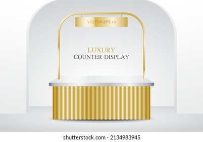 Luxury Shiny Gold Counter Kiosk With Hanging Sign 3d Illustration Vector For Putting Your Object