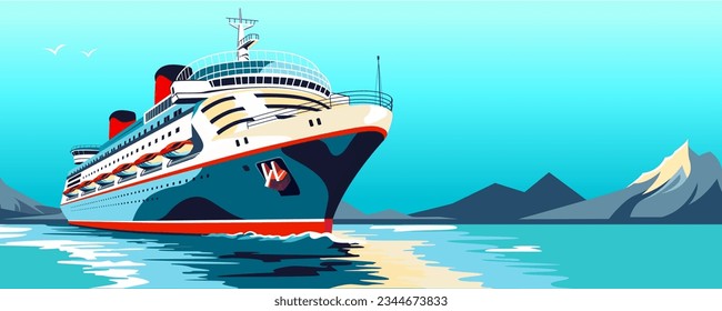 Luxury ship. Large voyage vessel. Realistic sea liner. Marine transport. Cruiser vacation. Sea travel. Ocean tour. Modern boat trip. Simple seascape art. Water holiday. Vector illustration