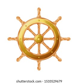 
A luxury ship steering wheel made of wood, with gold plates and a carved shape of handles and wheel spokes.