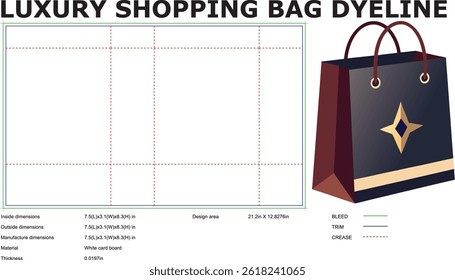 Luxury shopping bag dyeline template vector mockup with design area dimensions and trim lines for packaging presentation