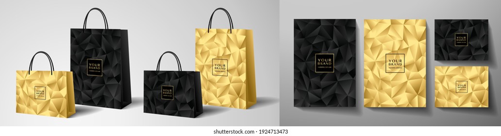 Luxury shopping paper bag design template with gold and black print. Luxe abstract triangle pattern for brand gift packet, premium shop purchase. Vector modern layout