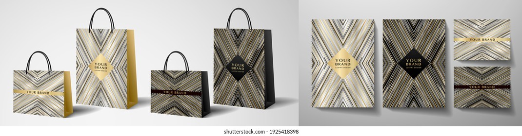 Luxury Shopping Paper Bag Design Template With Gold And Black Print. Luxe Abstract Triangle Line Pattern For Brand Gift Packet, Premium Shop Purchase. Vector Modern Layout