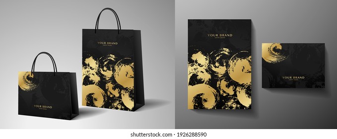 Luxury Shopping Paper Bag Design. Template With Gold And Black Print. Luxe Abstract Blot (brush Stroke) Pattern For Brand Gift Packet, Premium Shop Purchase. Vector Modern Layout