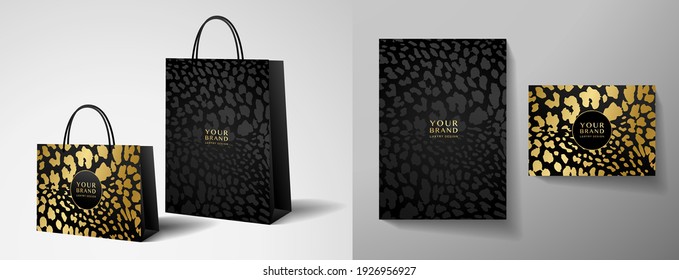 Luxury shopping paper bag design template with black and gold leopard print. Luxe glamorous golden animal pattern for brand gift packet, premium shop purchase. Vector glam packaging layout