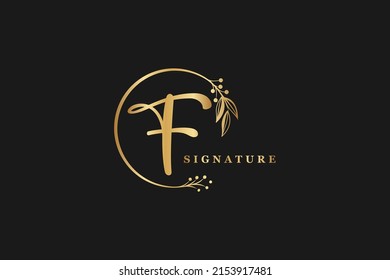 luxury signature initial F isolated circle flower logo design. Handwriting vector logo design illustration image