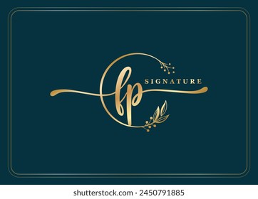 luxury signature initial FP logo design isolated leaf and flower