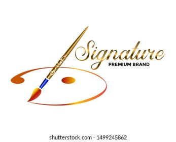 luxury signature logo, with a gold pen element and gold ink streaks inside.
