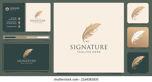 luxury signature quill feather with premium gold color and business card template design inspiration