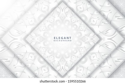 Luxury silver background with mandala style shapes with arabic ornament decoration. Elegant vector design template for ramadan cover, wedding invitation, greeting card, cover asian cultur celebration