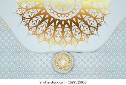 Luxury silver background with mandala style shapes a combination golden ornament decoration. Elegant vector design template for Ramadan cover, greeting card, wedding invitation, culture celebration