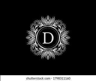 Luxury Silver Badge D Letter Logo. Luxury calligraphic vintage emblem with beautiful classy floral ornament. Vintage Heraldic Frame design Vector illustration.