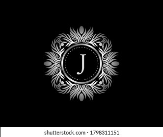 Luxury Silver Badge J Letter Logo. Luxury calligraphic vintage emblem with beautiful classy floral ornament. Vintage Heraldic Frame design Vector illustration.