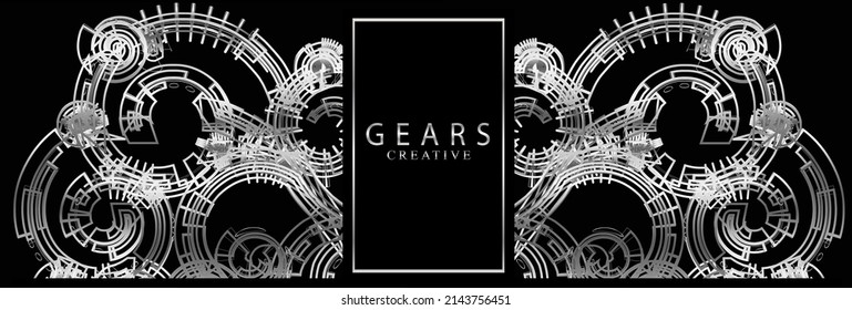 Luxury silver banner. Structure of gears on black background. Elegant industrial style pattern with silver frame for logo.