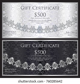 Luxury silver and black gift certificate with rounded lace decoration and vintage background