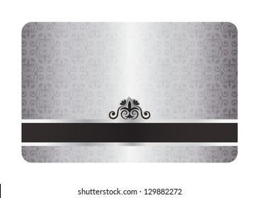 Luxury silver card with swirl pattern and black label