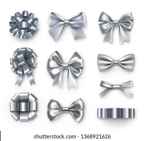 Luxury silver gift bows with ribbons. Wedding and anniversary decor isolated on white background. Realistic decoration for holidays presents and cards. Elegant object from silk vector illustration