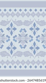 Luxury Silver Grey Elaborate Scroll Ornament Blue Florals Exquisite Delicate Decoration Blooming Leaves Petals for Beautiful Detailed Art Work Perfect for Embroidery Lace Apparel Sabai Batik Thai Silk