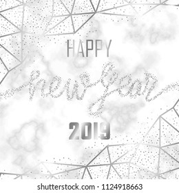 Luxury silver Happy New Year 2019 on white marble background. Gitter congratulation. Template with lettering for greetind card, gift prints and covers.