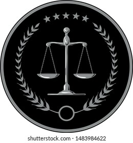 Luxury silver logo. Court, justice, scales, laurel wreath. Judicial icon in vector. Scales of justice.  The symbol of the balance of the law. Scales in a flat design. Gold balance