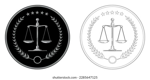 Luxury silver logo. Court, justice, scales, laurel wreath. Judicial icon in vector. Scales of justice.  The symbol of the balance of the law. Scales in a flat design. Gold balance