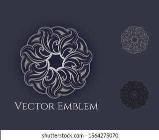 Luxury silver mandala icon logo design template with floral-leaf ornament