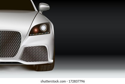 Luxury silver sport car. Left bottom half. Non-branded concept design. Dark background.