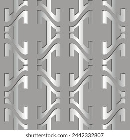 Luxury silver surface 3d beautiful seamless pattern. Ornamental modern vector light background. Repeat decorative curves backdrop. Elegant silver grey 3d ornaments. Endless pattered ornate texture.