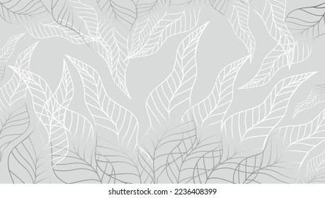 Luxury silver and white background with plants. Leaf outline. Minimal art. Vector art