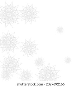 Luxury Silver Winter Ice Mandala Illustration. Frost Chaotic Stars Snowflakes Composition. Christmas New Year Innocent Monochrome Grey Sky Background. Print Sharp White Mystery Cold Pattern.