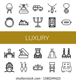 luxury simple icons set. Contains such icons as Chair, Bracelet, Diamond ring, Cruise, Suv, Candle holder, Necklace, Full length mirror, Gem, can be used for web, mobile and logo