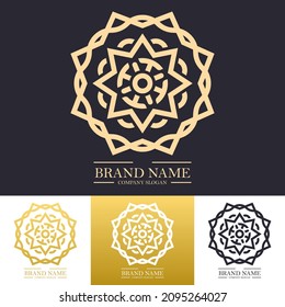 Luxury simple modern vector logo design template with golden color and twisted mandala star or floral line art concept. Best for beauty spa, brand, company or premium product.