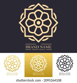 Luxury simple modern vector logo design template with golden color and twisted mandala star or floral line art concept. Best for beauty spa, brand, company or premium product.