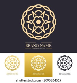 Luxury simple modern vector logo design template with golden color and twisted mandala star or floral line art concept. Best for beauty spa, brand, company or premium product.