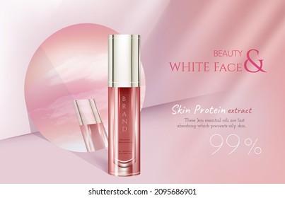 Luxury skin care ads. Glass bottle on a simple pink background with mirrors reflecting pastel sky.